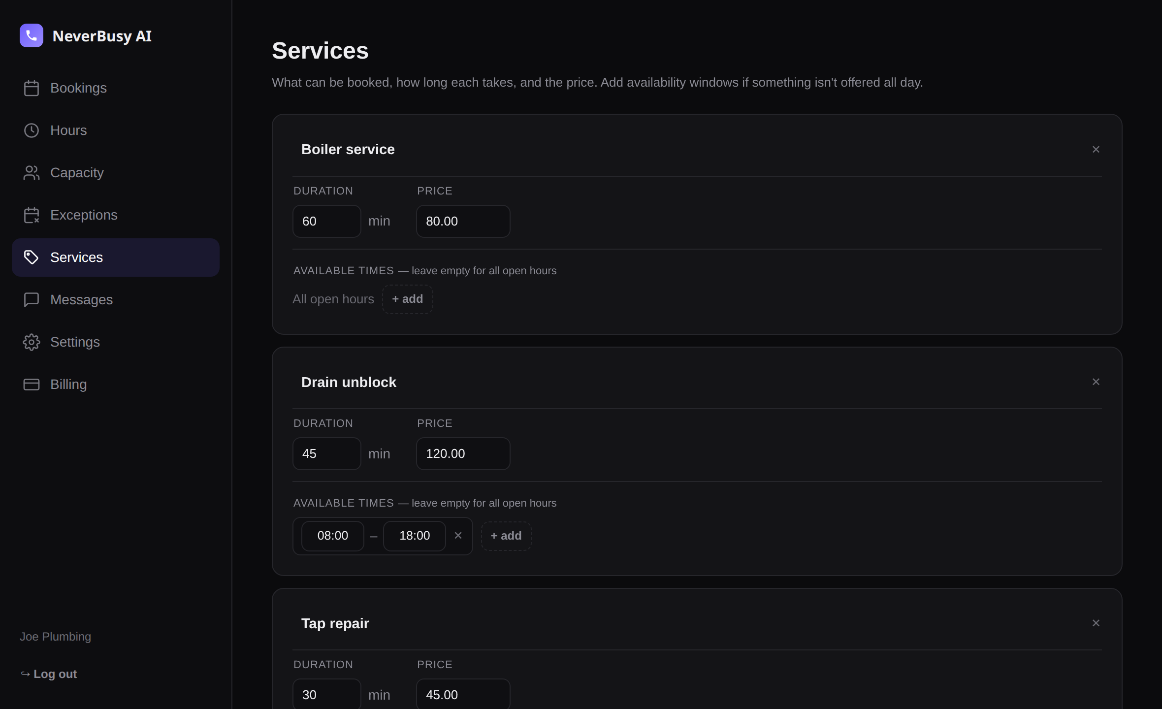 Services and prices